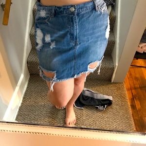 Distressed denim skirt